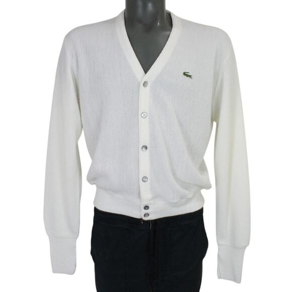 Vintage 80s Izod Lacoste White Orlon Acrylic Cardigan Sweater Mens L - Picture 1 of 8